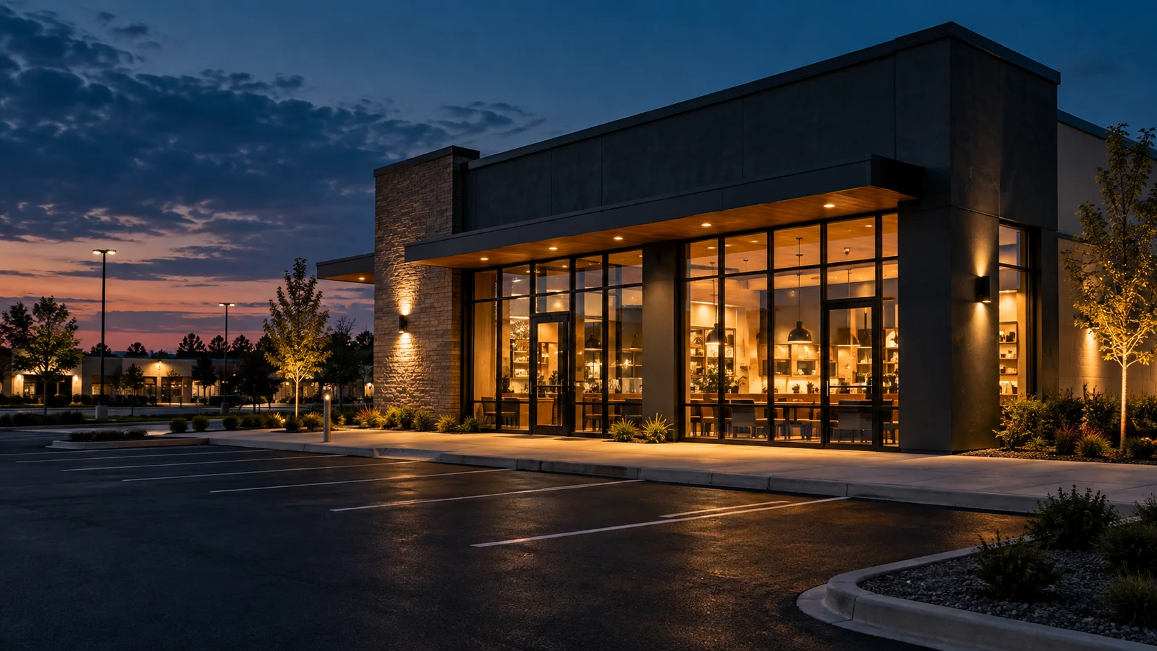 A modern storefront with warmly lit windows at dusk